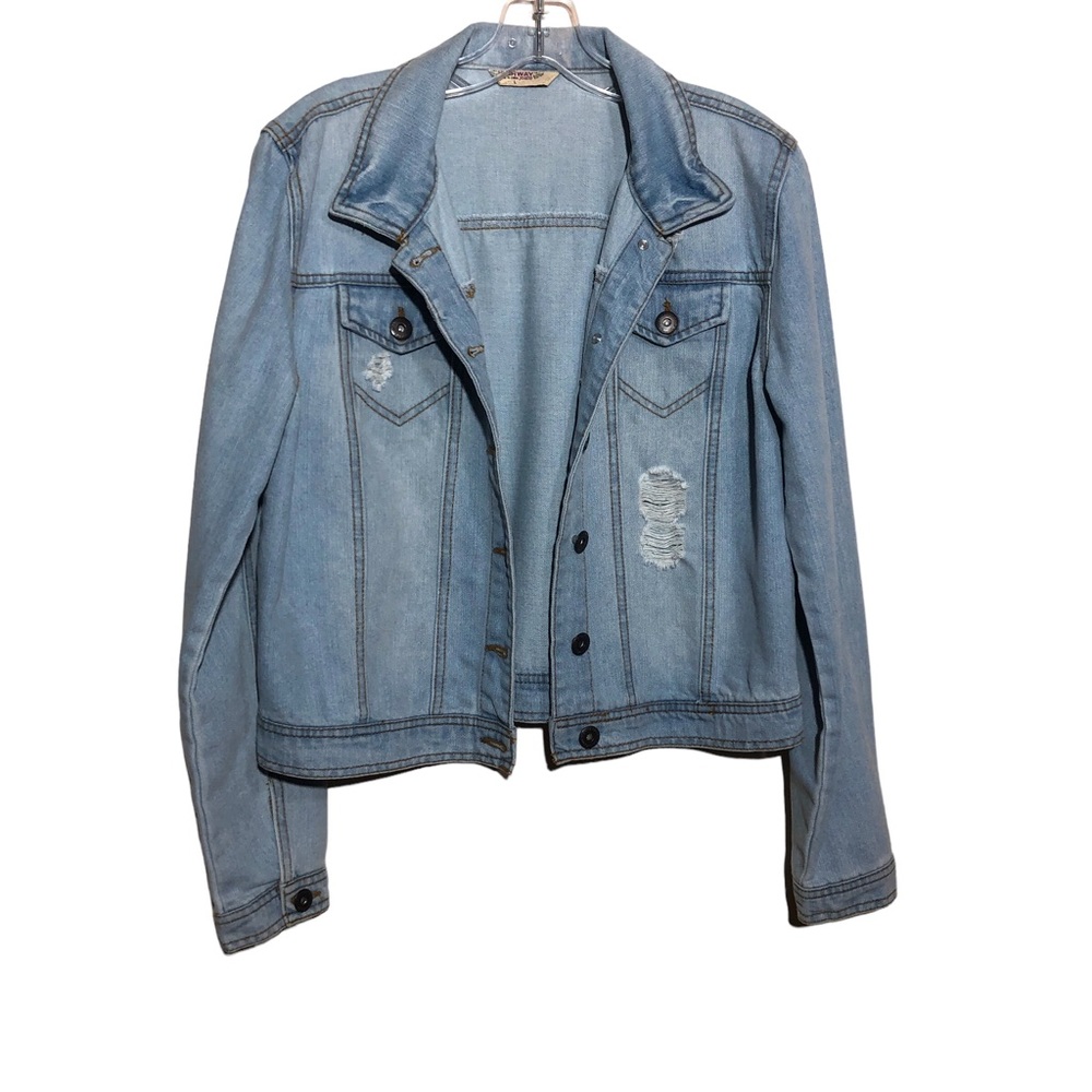 Highway Jeans Denim Jacket Large Button Up Distressed Light Wash Long Sleeve